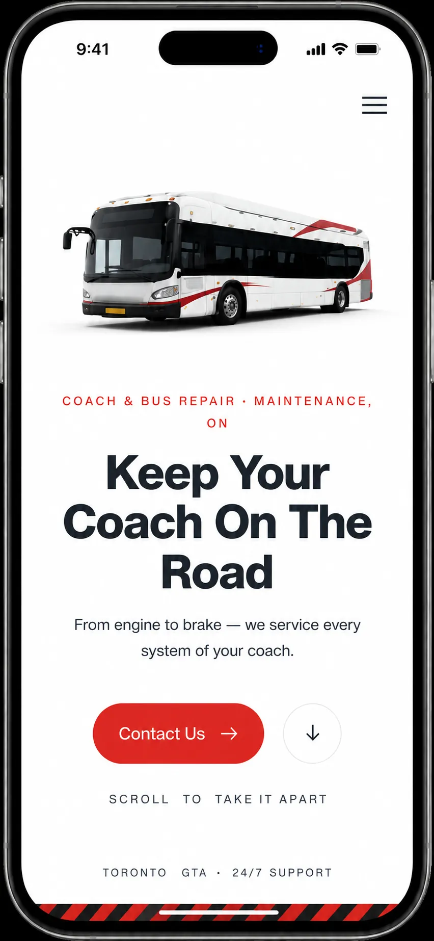 The CanFix Repair website open on a phone: a coach above the headline “Keep your coach on the road” and a Contact Us button