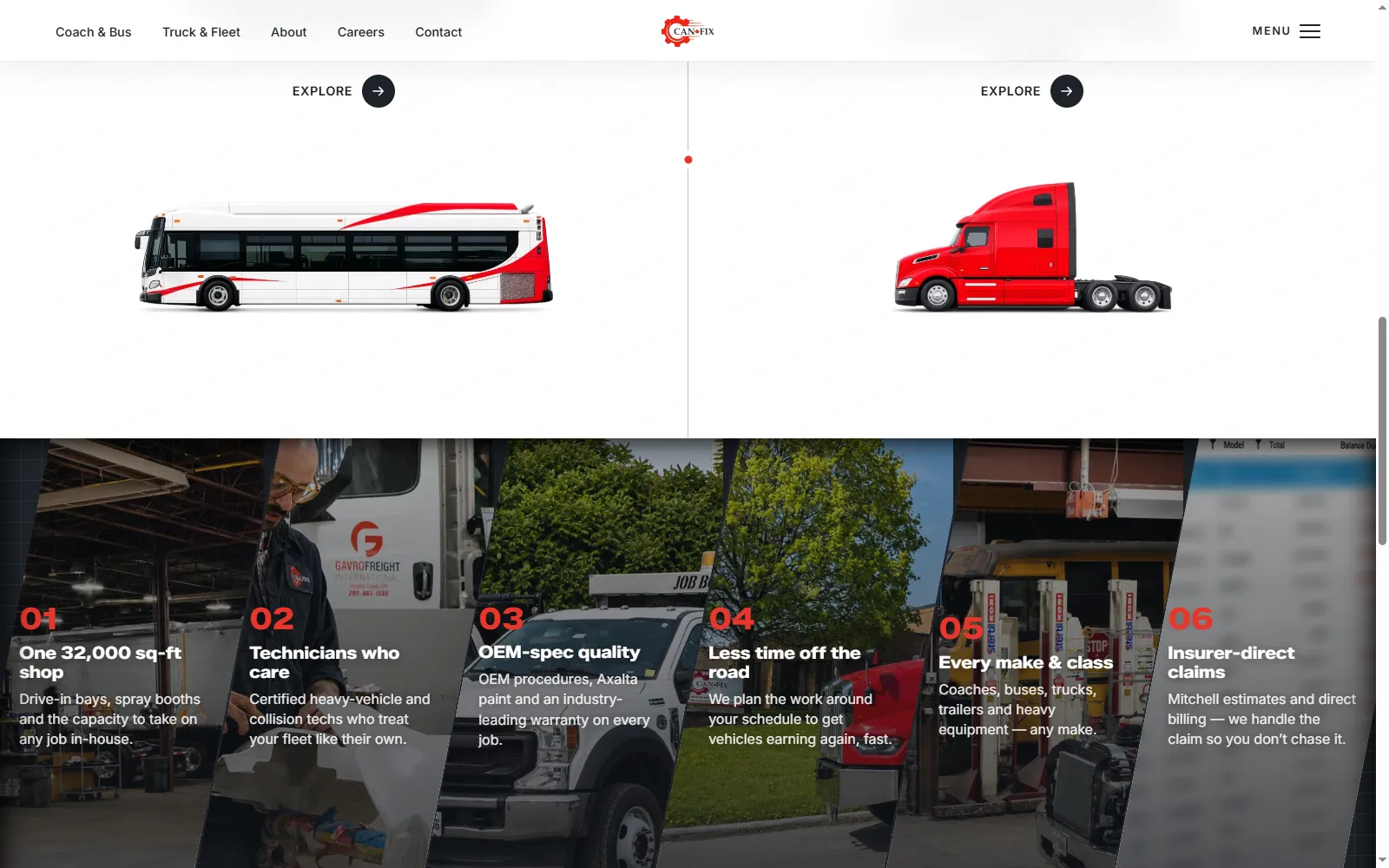 Services section of the CanFix Repair website: 3D bus and truck models split into Coach & Bus and Truck & Fleet, above six reasons to choose the shop