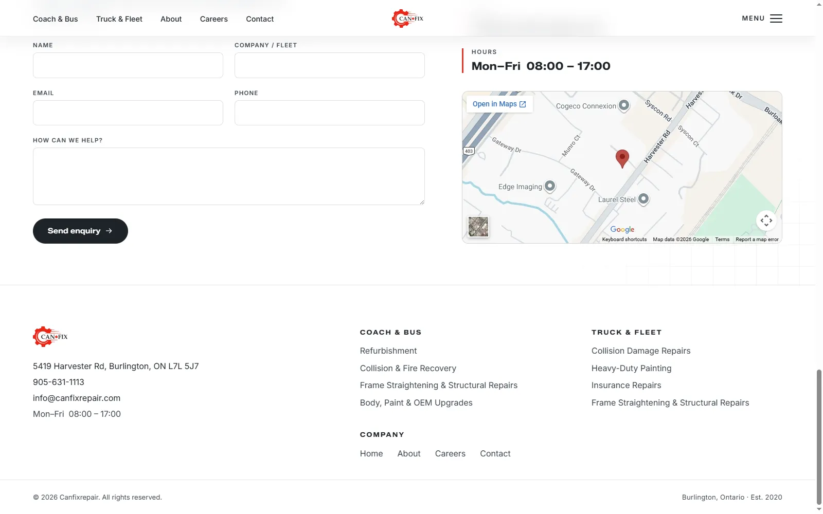 Contact page of the CanFix Repair website: enquiry form, opening hours, a map and the Burlington address in the footer