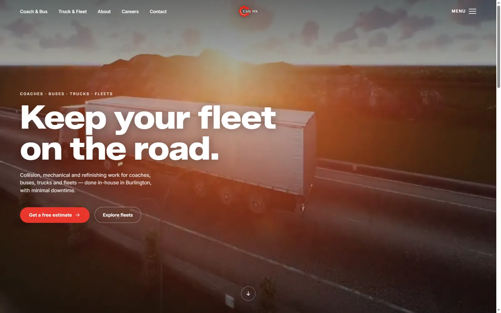 CanFix Repair homepage: a transport truck at sunset behind the headline “Keep your fleet on the road” and a free-estimate button