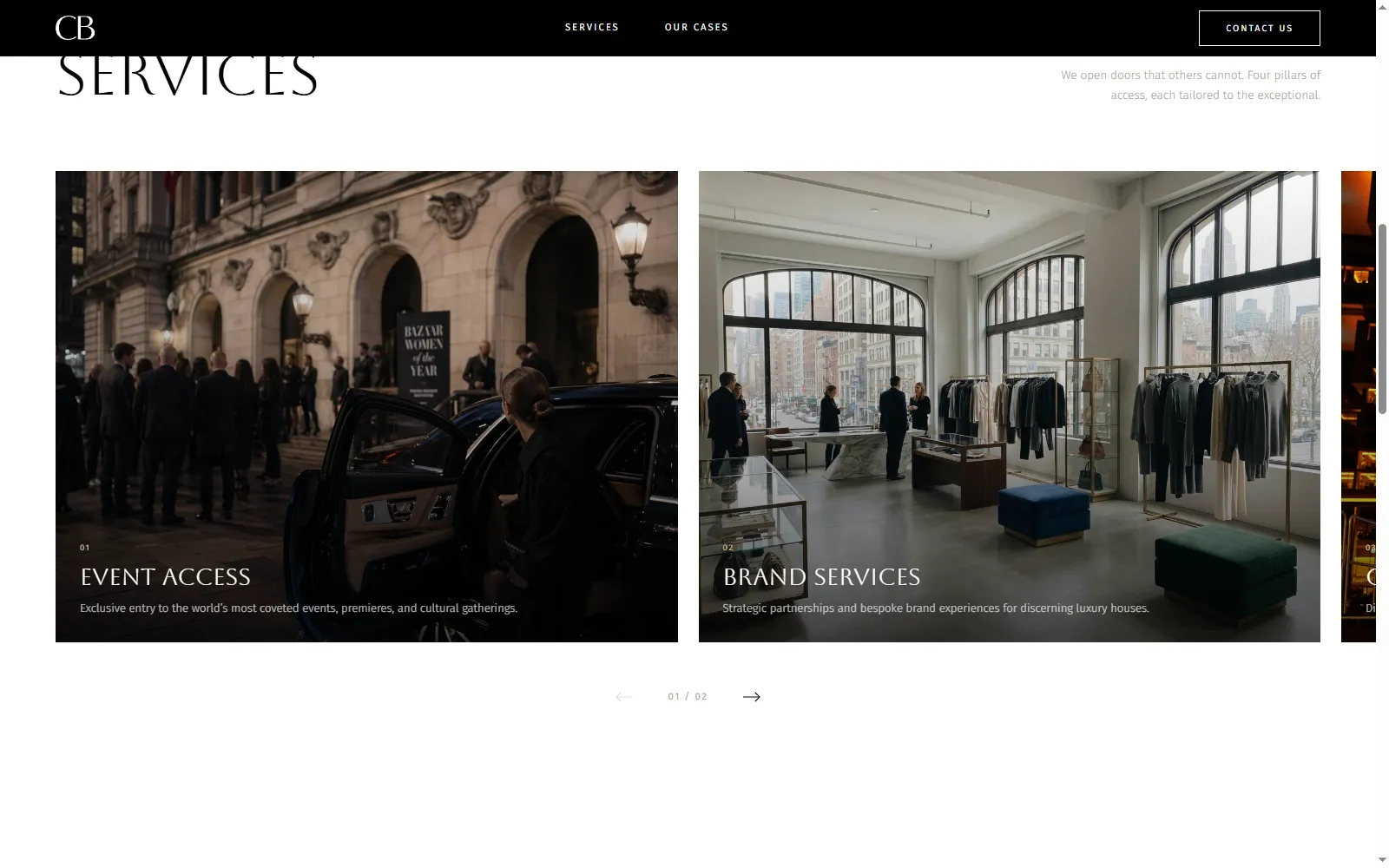 Services section of the Carte Blanche website: Event Access and Brand Services presented as a photo carousel