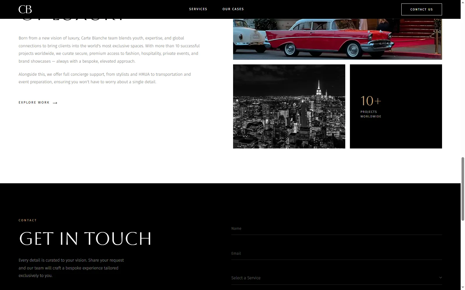 About and contact sections of the Carte Blanche website: studio story, a photo grid of a red-carpet arrival and a city skyline, and an enquiry form