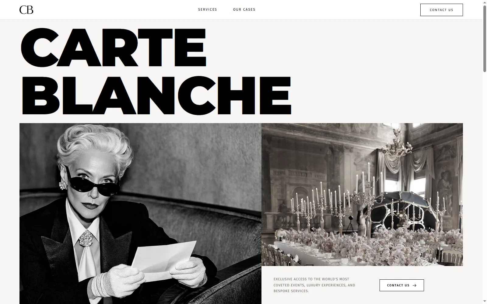 Carte Blanche homepage: the wordmark set in oversized black type above black-and-white photography of a guest and a candlelit banquet hall